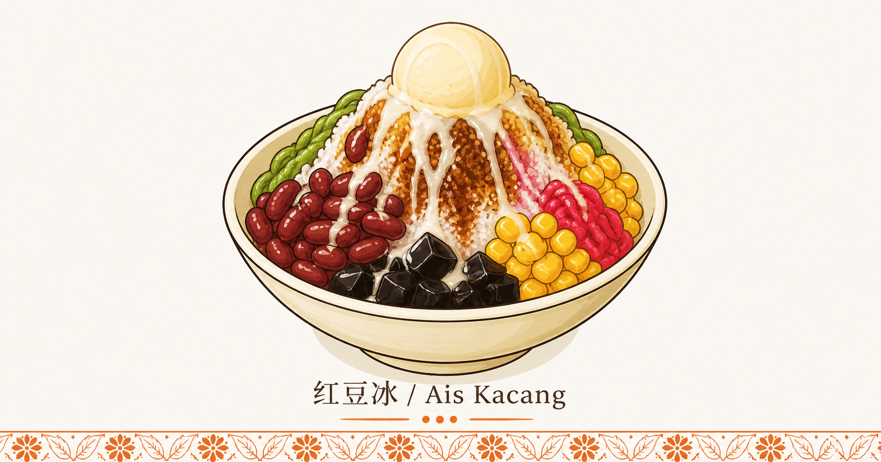 聘用一名外籍劳工的全成本核算 H3 节配图 · 红豆冰 Ais Kacang 立面瓷碗装盛刨冰圆锥山堆顶部一勺香草冰淇淋及多种缤纷配料分层堆叠包括红豆与黑色仙草 cincau 方块和黄色亚答籽 atap chee 与红色玫瑰糖浆条纹及绿色 cendol 米浆条纹 · 下方留白排布红豆冰 Ais Kacang 标题字饰带 · 体现马来西亚多元市场餐饮业聘用外籍员工首年综合成本 RM6,827 至 RM14,937 多层成分堆叠覆盖一次性招募 5 项成本含中介费与 FOMEMA 体检及机票与 PLKS 准证及护照保险加年度经常性 5 项含 Levy 人头税与 EPF 雇主 2% 及 SOCSO 雇主份额与宿舍费及年度 FOMEMA 业态语境 · 暖橙手绘 sepia 风