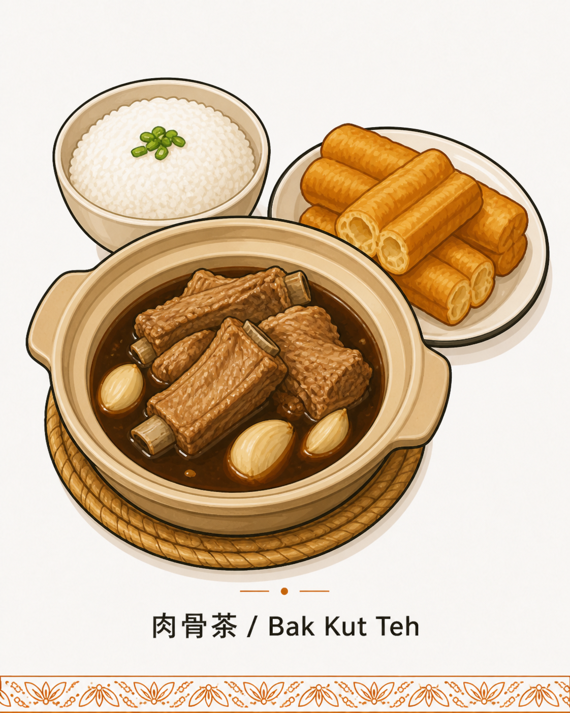 最低薪金制 RM1,700 合规应对策略 H3 节配图 · 肉骨茶 Bak Kut Teh 砂锅料理立面草编锅垫上深棕陶土砂锅装盛深褐色药材汤底炖煮带骨排骨数块与几瓣大蒜及左上方白瓷碗装盛白米饭顶部点缀几粒青葱与右上方白瓷盘装盛 4 根金黄油条 yau char kway 排叠 · 下方留白排布肉骨茶 Bak Kut Teh 标题字饰带 · 体现马来西亚华人 kopitiam 茶餐室与肉骨茶专营店面对最低薪金 RM1,700 月 2025 年 2 月 1 日第一阶段雇用 5 人以上及 8 月 1 日第二阶段全面适用人工成本占比由 25% 攀升至 35% 与业主员工配比业态语境承接合规应对动作 · 暖橙手绘 sepia 风