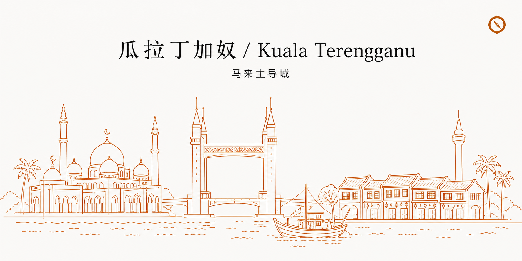 特定服务业来源国配额制度 H3 节配图 · 瓜拉丁加奴 Kuala Terengganu 马来主导城天际线立面线稿格式 · 画面横向展开伊斯兰圆顶清真寺建筑群与拱形大桥及亚答屋顶传统建筑立面与单桅木舟在水边和椰树点缀两侧 · 上方留白排布瓜拉丁加奴 Kuala Terengganu 标题字与马来主导城副标 · 体现马来西亚东海岸多元族群与外籍员工来源国 10 国配额覆盖含印尼与菲律宾及泰国与越南和缅甸及柬埔寨与尼泊尔及印度和孟加拉与巴基斯坦多元族裔餐饮劳务市场业态语境 · 暖橙手绘 sepia 风