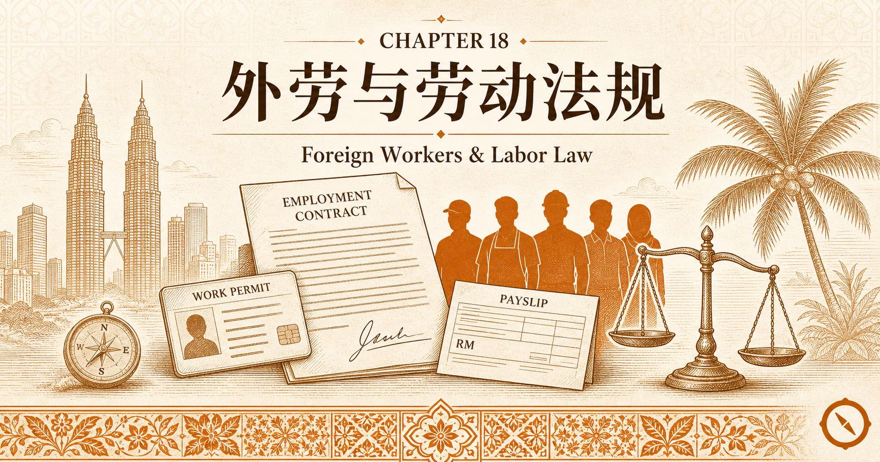 外劳与劳动法规章首图 · CHAPTER 18 横幅暖橙手绘风线稿格式 · 画面中央自左至右排布 EMPLOYMENT CONTRACT 雇佣合同纸卷与多元族群从业者剪影群像 5 人侧立及法律公正天平秤杆与 WORK PERMIT 工作准证卡片附 PAYSLIP 薪资单纸张及罗盘小图饰 · 左侧高耸双塔轮廓与吉隆坡天际线作背景及右侧椰树与南洋传统纹样饰带 · 体现马来西亚多元市场餐饮开业 Akta Kerja 1955 雇佣法令与 PLKS 临时工作准证及外籍劳工合规框架业态语境承接 MOHR 人力资源部监管起点 · 暖橙手绘 sepia 风