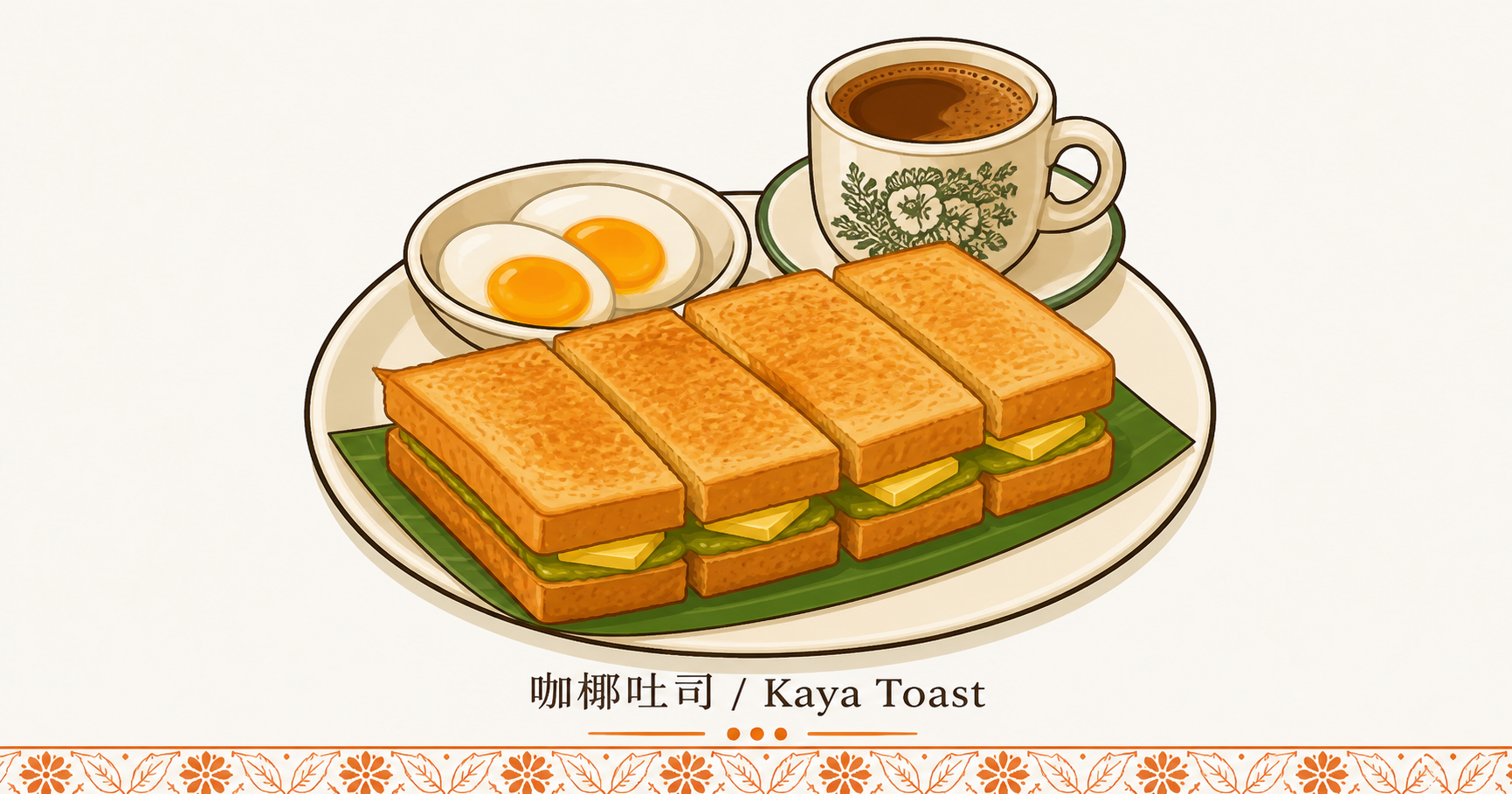 社险 SOCSO 与雇员就业保险 EIS 强制缴纳 H3 节配图 · 咖椰吐司 Kaya Toast 立面瓷盘装盛 4 块烤面包夹咖椰酱与黄油薄片切条堆叠及左侧半生熟煎蛋 2 颗于小碟和右侧白色咖啡杯垫盘内装盛深褐色 kopi 黑咖啡及绿色芭蕉叶垫底 · 下方留白排布咖椰吐司 Kaya Toast 标题字饰带 · 体现马来西亚多元族群从业者面对 PERKESO 社会安全机构 SOCSO 第一类工伤加失能保险与第二类仅工伤保险及 EIS 雇员就业保险制度雇主 1.75% 与雇员 0.5% 月薪缴纳合规义务覆盖 kopitiam 茶餐室基层服务员业态语境承接 MyEIS eSPKB 系统线上缴纳 · 暖橙手绘 sepia 风