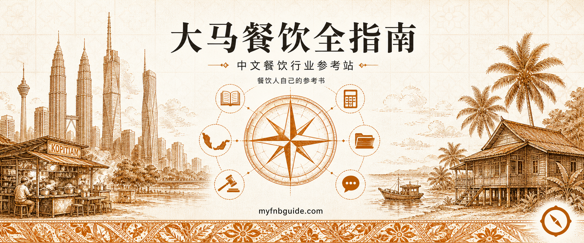 特许经营与税务合规章首图 · 大马餐饮全指南品牌 hero 横幅暖橙手绘风线稿格式 · 画面中央自左至右排布 KL 高耸双塔吉隆坡天际线轮廓与中文站名标题字及罗盘指针仪与多元业态图标含书本与计算器与档口与摊位及椰树纹样饰带 · 上方中文标题字「大马餐饮全指南」与副标「餐饮人自己的参考书」中英双轨呈现 · 体现马来西亚多元市场餐饮开业 MyFEX 2.0 KUSKOP 加盟主从强制注册与 LHDN 内陆税收局企业所得税合规及 RMCD 关税局 SST 销售服务税合规与 e-Invoice 电子发票分阶段强制 4 大税务合规支柱起点章节业态语境 · 暖橙手绘 sepia 风