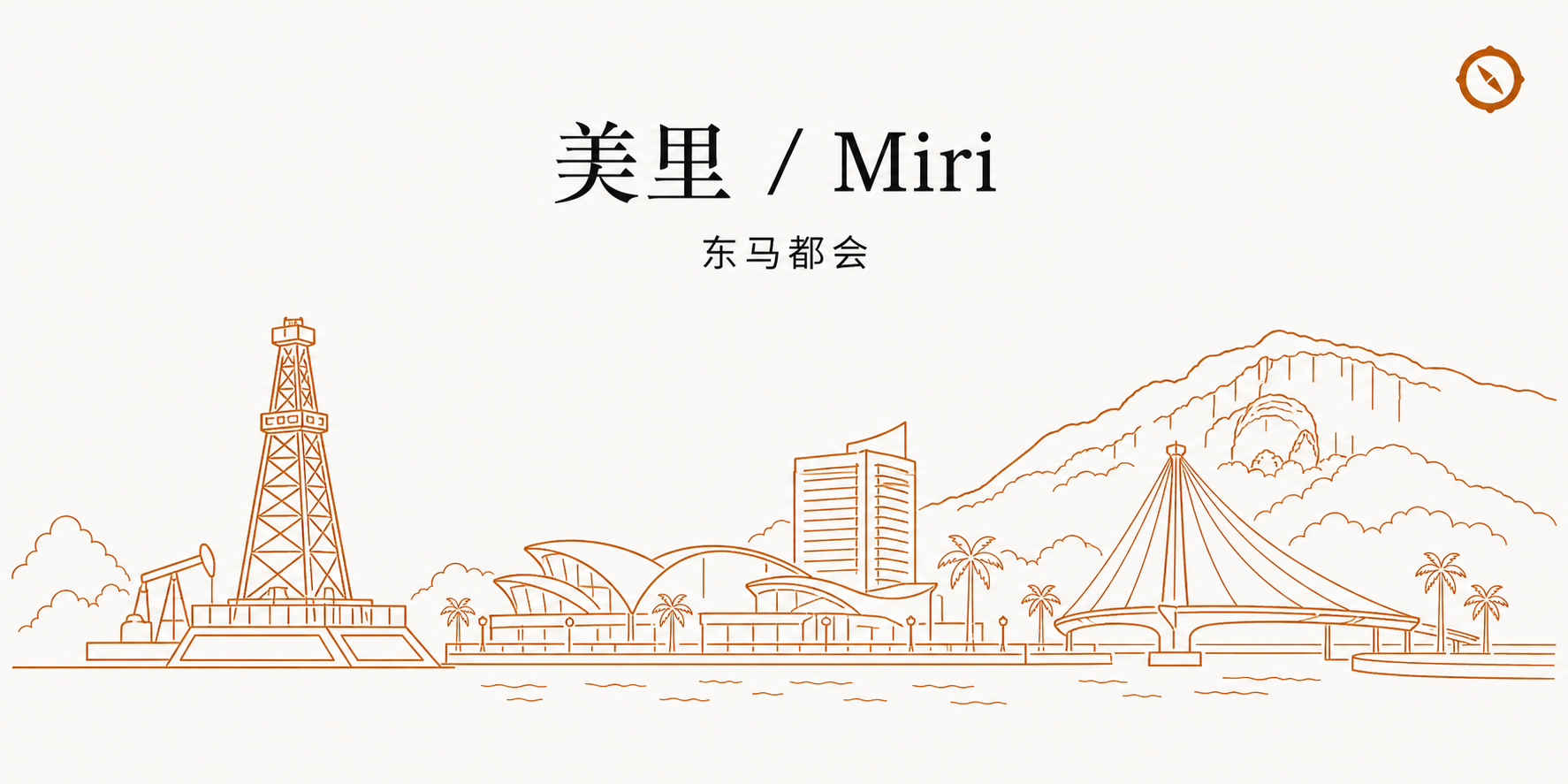 RMCD 马来西亚关税局进口食材关税政策 H3 节配图 · 美里 Miri 东马都会城市天际线立面线稿格式 · 画面横向展开石油钻塔尖塔与现代商业建筑立面及现代体育场穹顶建筑轮廓与跨海大桥拱形钢架结构和椰树点缀两侧 · 上方留白排布美里 Miri 标题字与东马都会副标 · 体现马来西亚 Sarawak 砂拉越州东马都会城市港口枢纽进口食材报关与 RMCD 关税局进口税缴纳业态语境承接 K1 与 K2 与 K9 报关单提交流程及新鲜蔬果 0-5% 与肉类 5-25% 进口关税与加工食品 10-30% 及酒精饮料高额关税 4 类关税梯度业态语境与东马 Sarawak 与 Sabah 独立入境管制权及州级销售税 State Sales Tax 业态语境承接本地 Sarawak 胡椒与 Sabah 海产本地供应链优势 · 暖橙手绘 sepia 风