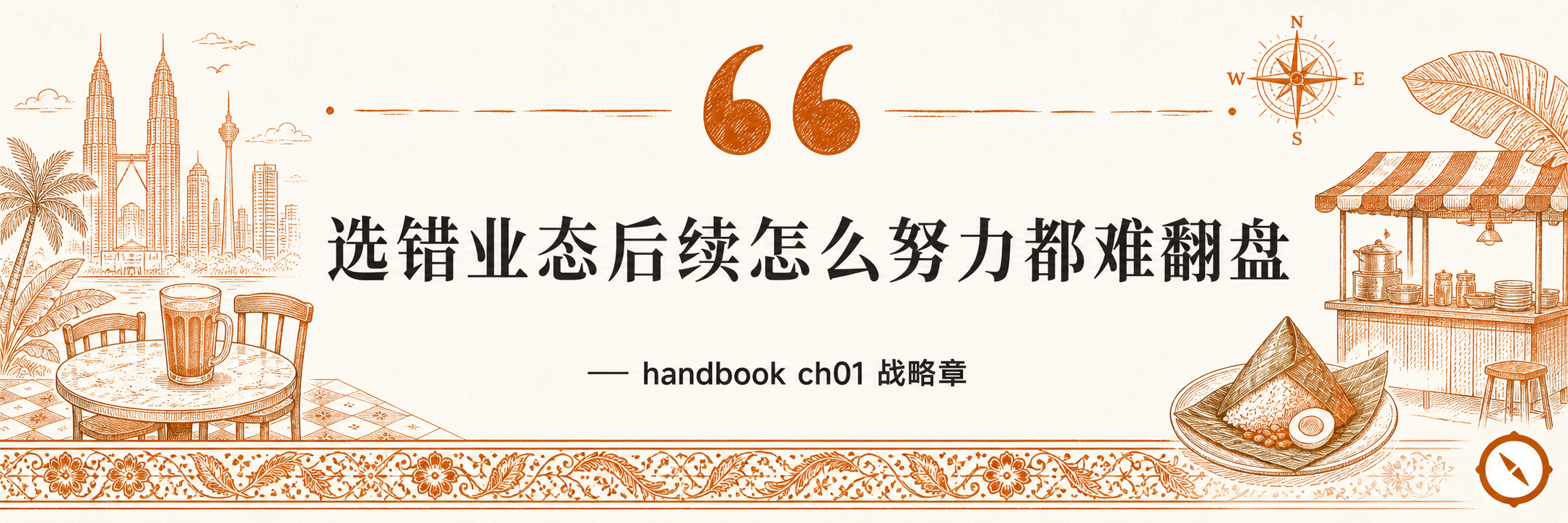 特许经营法规与资本市场内容 H2 节小 hero · 战略章引言 quote 横幅暖橙手绘风线稿格式 · 画面中央巨大引号符号与中文 quote 字及副标 handbook 章节落款字 · 左侧高耸双塔轮廓与南洋椰树及右侧粽子点心与凉茶饮料和摊位木桌剪影构图 · 体现马来西亚多元市场餐饮加盟连锁经营者面对 MyFEX 2.0 KUSKOP 加盟主从强制注册与 FDD 信息披露 7 工作日法定冷静期及 PE 私募股权注资与 IPO 上市路径与 Bursa Malaysia 大马交易所主板与 ACE Market 创业板上市合规要件及 ESG 环境社会治理强制披露与 M&A 并购整合 4 维度尽职调查决策内容板块业态语境承接 KUSKOP 创业与合作社发展部监管起点 · 暖橙手绘 sepia 风