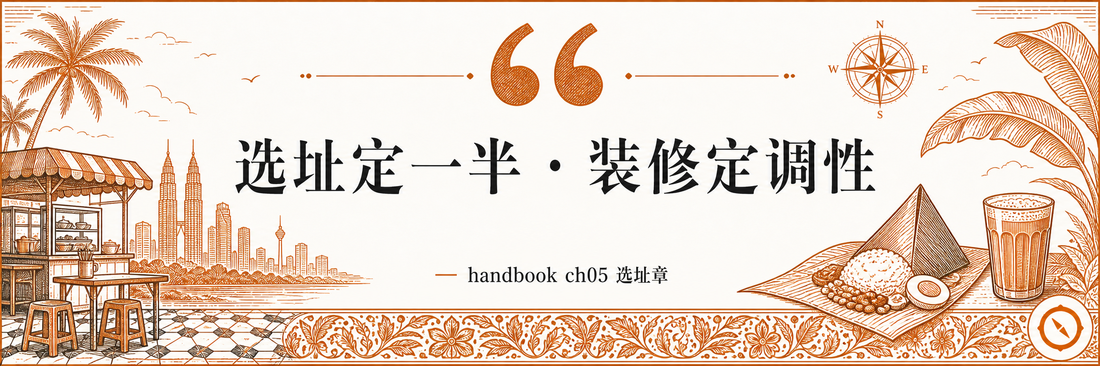 税务合规体系内容 H2 节小 hero · 选址章引言 quote 横幅暖橙手绘风线稿格式 · 画面中央巨大引号符号与中文 quote 字及副标 handbook 章节落款字 · 左侧南洋椰树与摊位木桌剪影及右侧高耸双塔吉隆坡天际线轮廓与罗盘指针仪和椰子和茶水及香蕉叶饭餐盘剪影构图 · 体现马来西亚多元市场餐饮中小型业者面对 SST 销售服务税餐饮 6% 维持税率与 RM150 万年营业额强制注册门槛及 MySST 申报系统与 RMCD 关税局缴纳路径及企业所得税 SME 中小企业 15% 优惠税率阶梯与 LHDN 内陆税收局合规及 e-Invoice 电子发票分阶段强制 4 大税务合规支柱内容板块业态语境承接 RMCD 关税局与 LHDN 监管交叉双轨合规起点业态语境 · 暖橙手绘 sepia 风